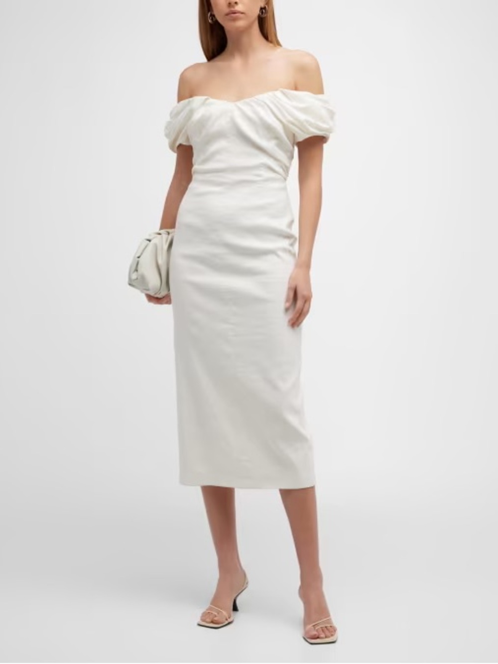 A.L.C. Nora Draped White Off Shoulder Puff Sleeve Midi Dress 6 Bridal Wedding